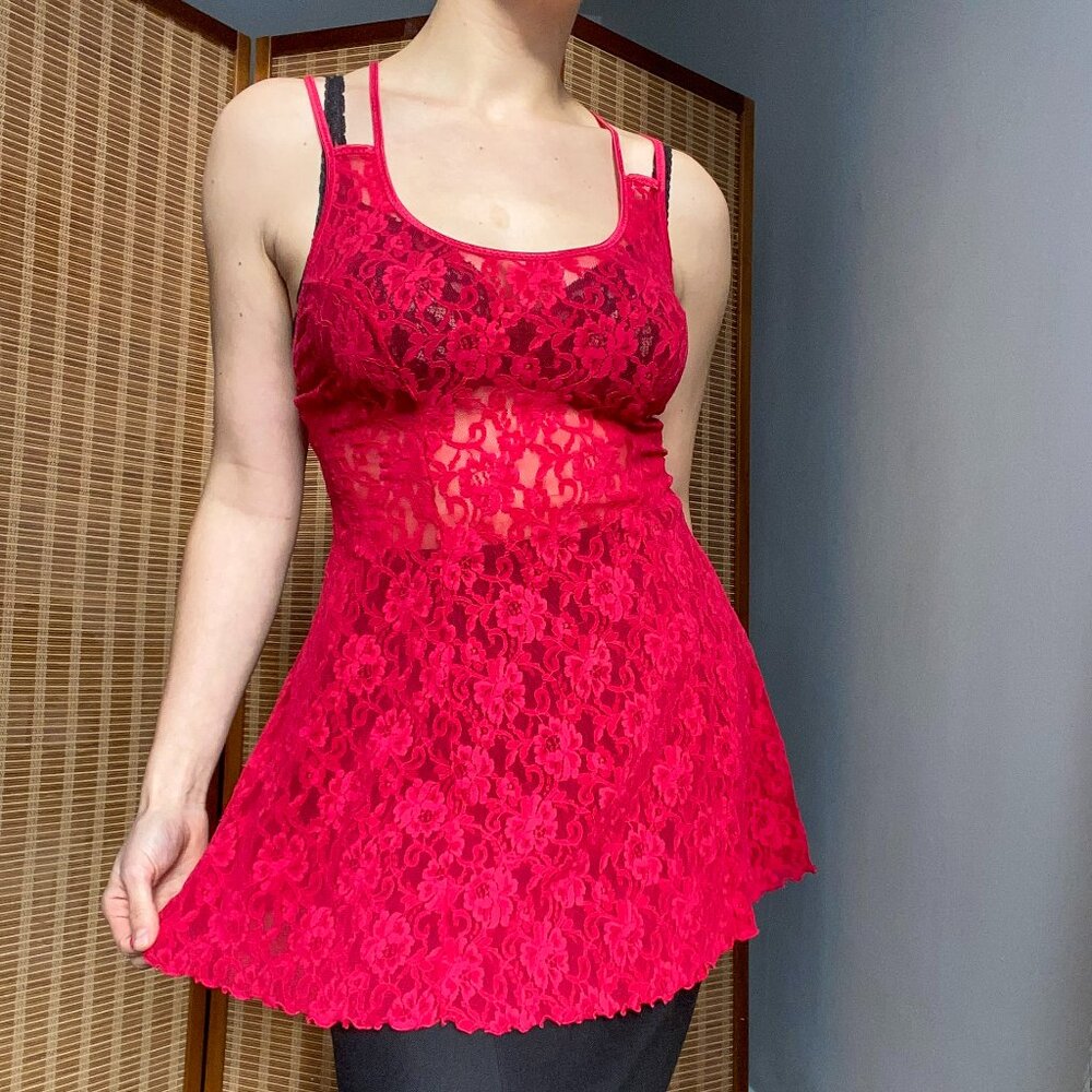 ❄️ 80s Vintage Red Laced Baby Doll Mini Dress with Crossed Straps Lettuce Hem